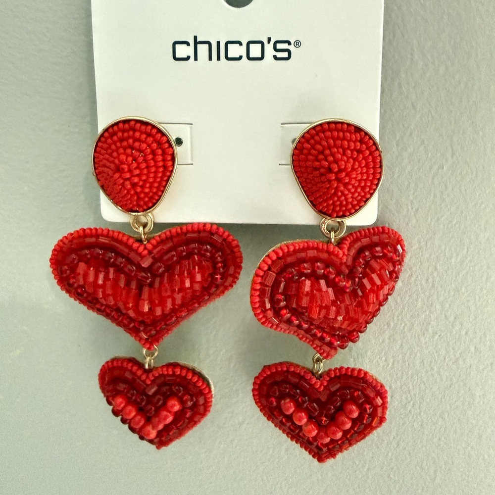 Chico's NWT Valentine's Red Beaded Heart Cascade Drop Earrings New
